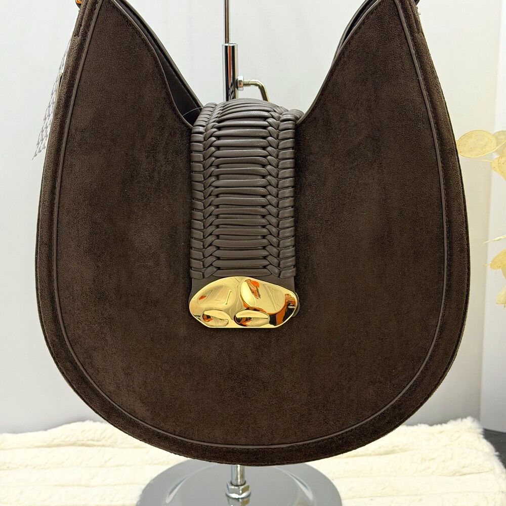 NWT AOTA All of the Above Brown Faux Suede Hobo Shoulder Bag Gold Accent Dust